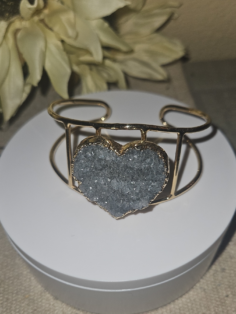 Gold Cuff Bracelet with Gray Heart Druzy